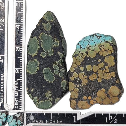 An 18-gram pair of natural turquoise stones featuring deep green and golden hues with hints of blue. Ideal for custom jewelry or lapidary use, available at www.naturalturquoise.com.