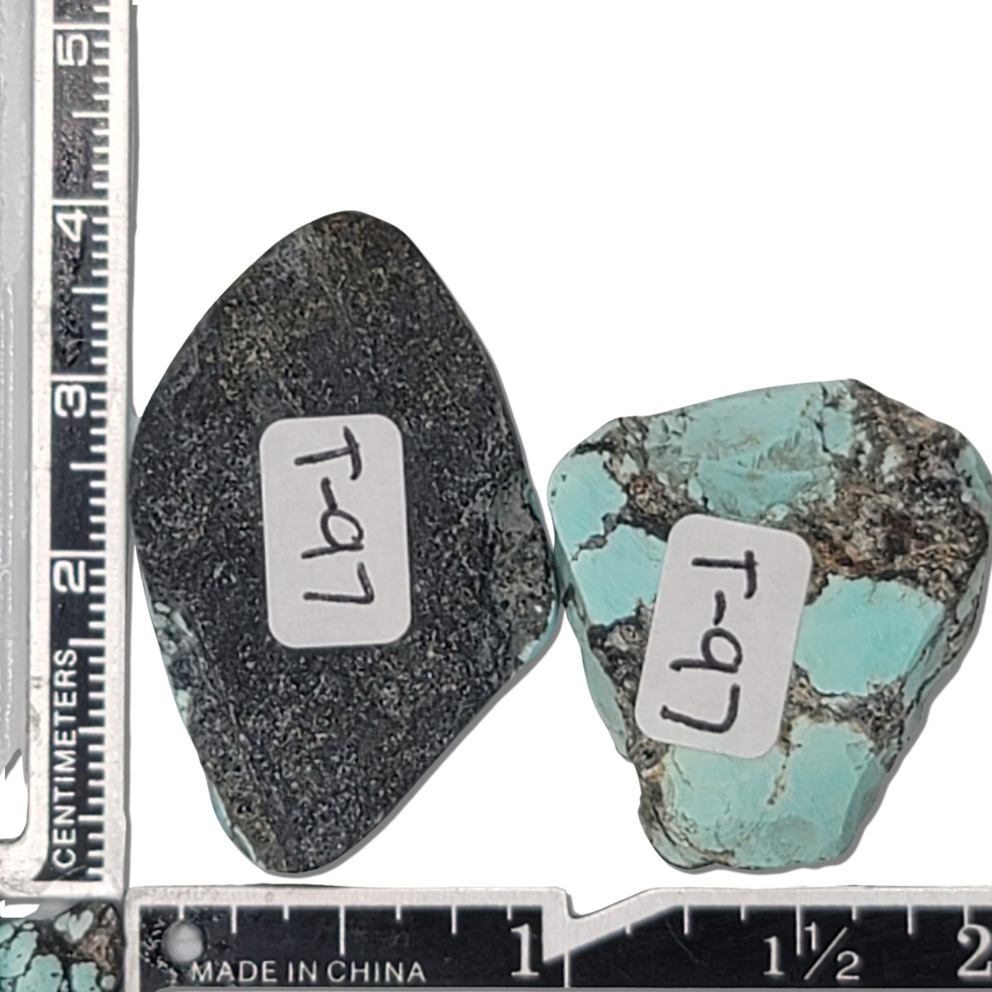 A pair of natural turquoise rough stones weighing 19 grams, featuring vibrant sky-blue tones with black and white matrix patterns. The largest stone measures approximately 3.7 cm x 2.5 cm x 0.7 cm. Ideal for jewelry making or lapidary projects, available at www.naturalturquoise.com.